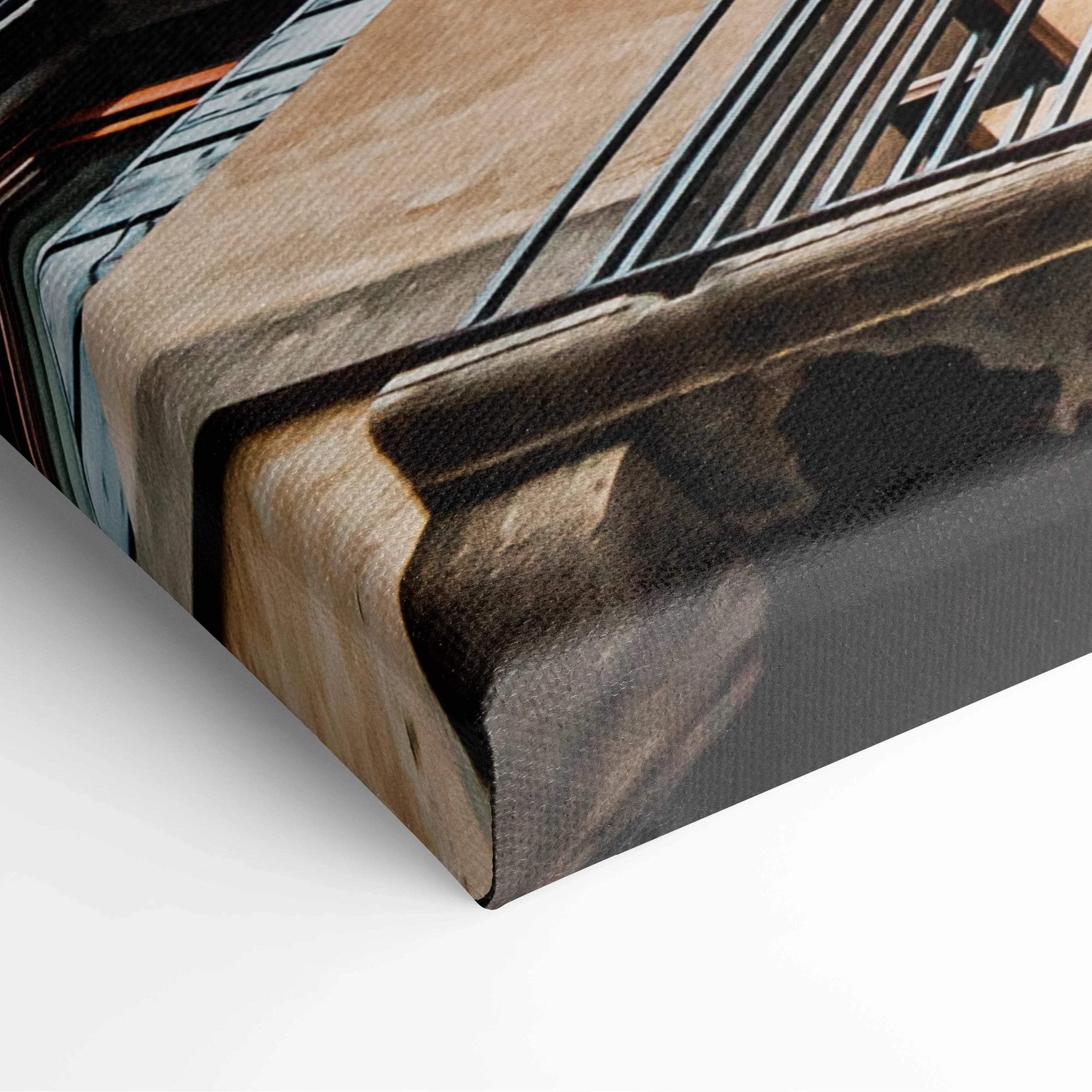 Close-up of a stretched canvas wall art print showing detailed architectural design in muted brown and gray tones with a.