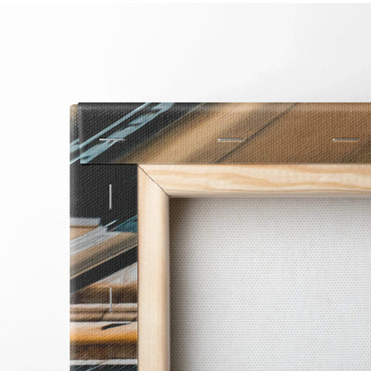 Close-up of premium canvas wall art print corner with wooden stretcher frame and abstract architectural design in black and.