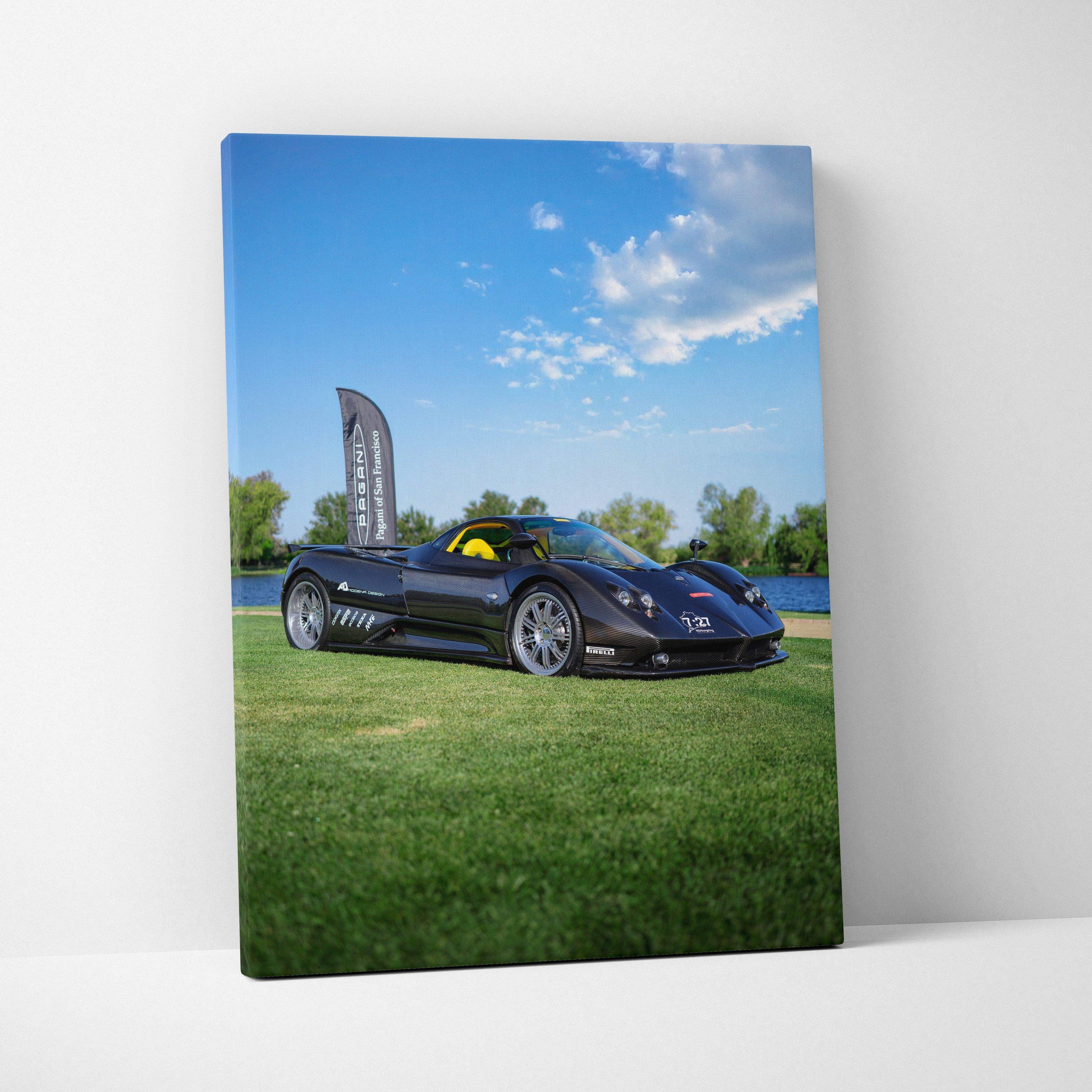 Pagani Zonda F Clubsport sports car on grass under blue sky vertical canvas wall art.