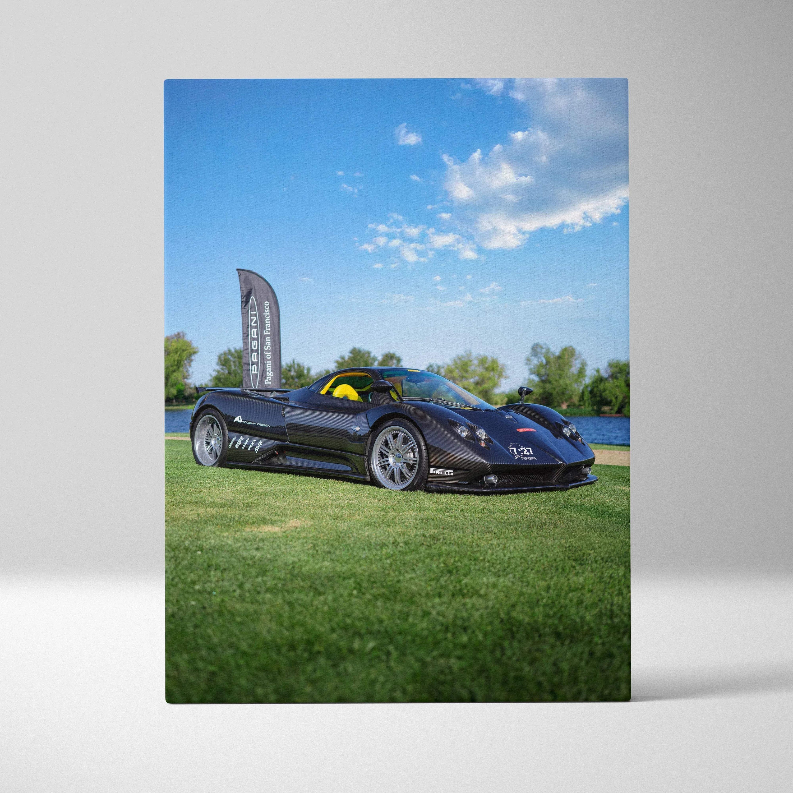 Pagani Zonda F Clubsport on green grass with blue sky canvas wall art vertical print.