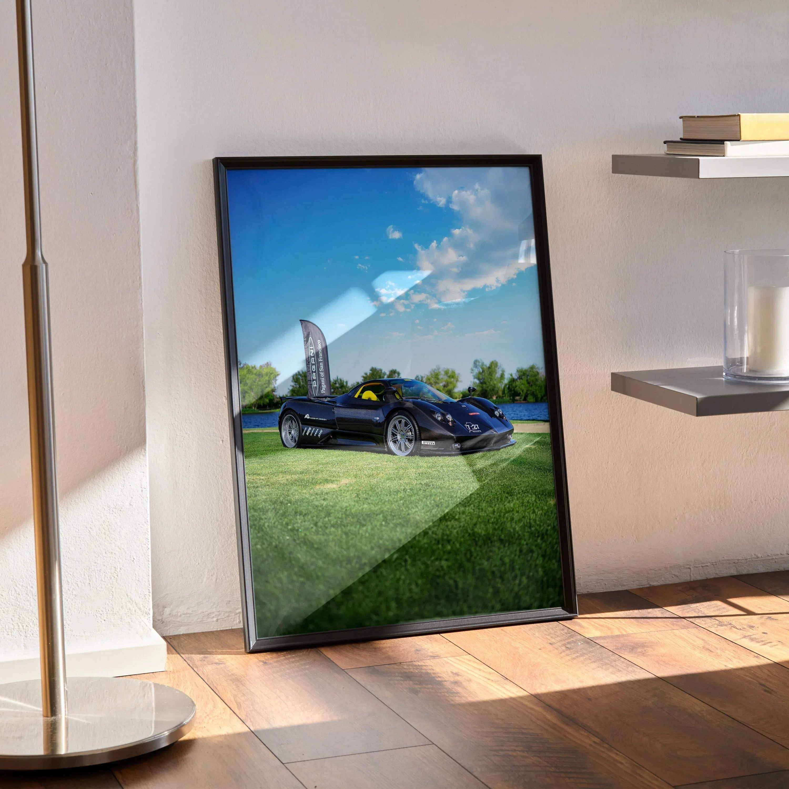 Pagani Zonda F Clubsport car poster with detailed black sports car on green grass under blue sky wall art.