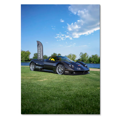 Pagani Zonda F Clubsport black sports car on grass under blue sky poster wall art.