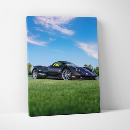 Pagani Zonda F Clubsport sports car under blue sky canvas wall art vertical canvas print.