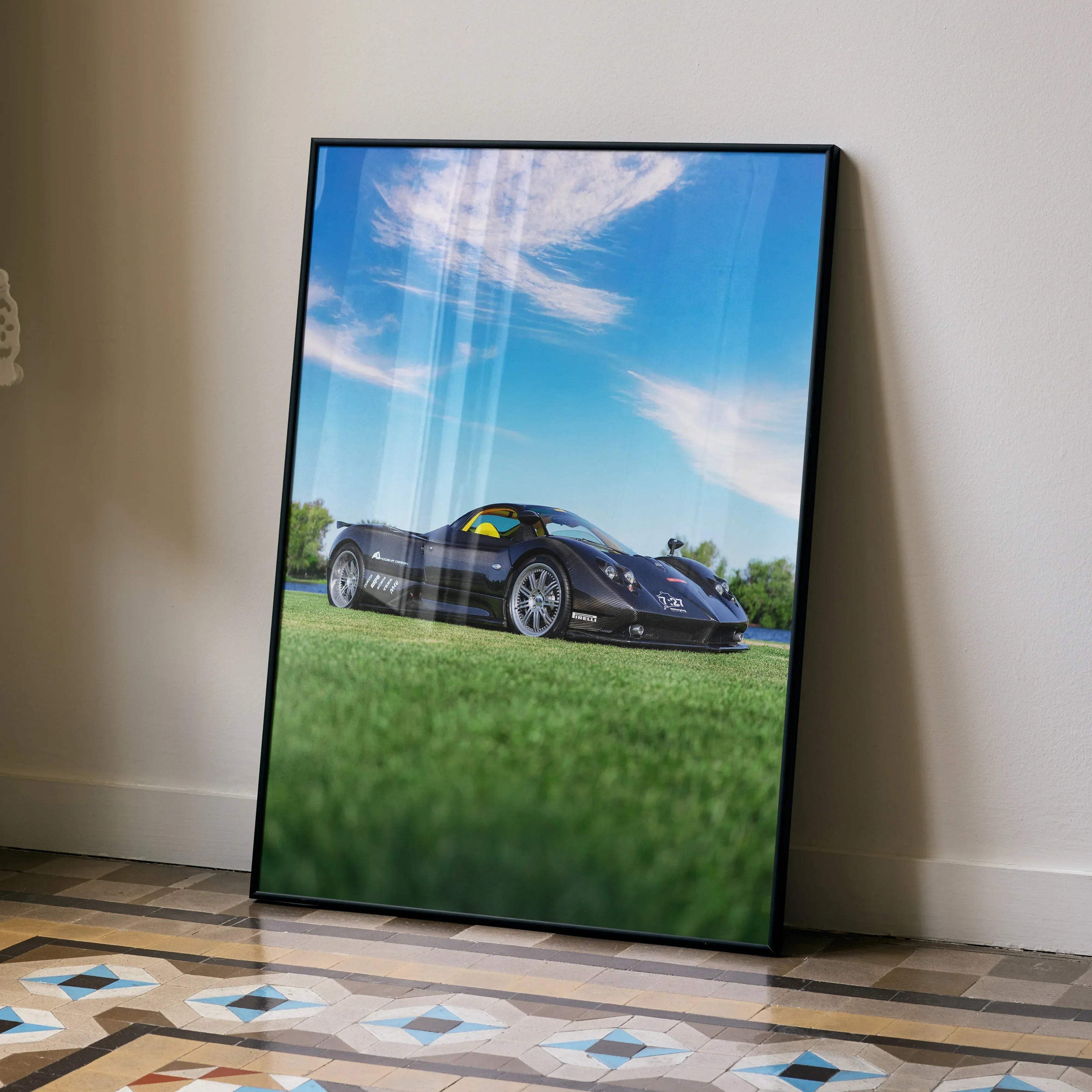 Pagani Zonda F Clubsport poster featuring high-resolution side view of black sports car on green grass wall art.