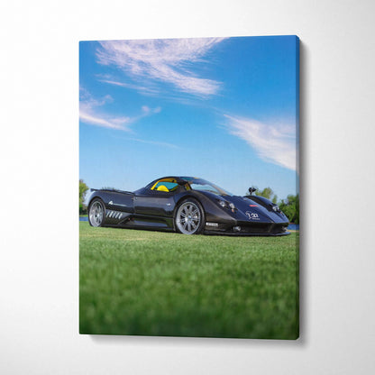 Pagani Zonda F Clubsport supercar on grass under blue sky vertical canvas wall art.