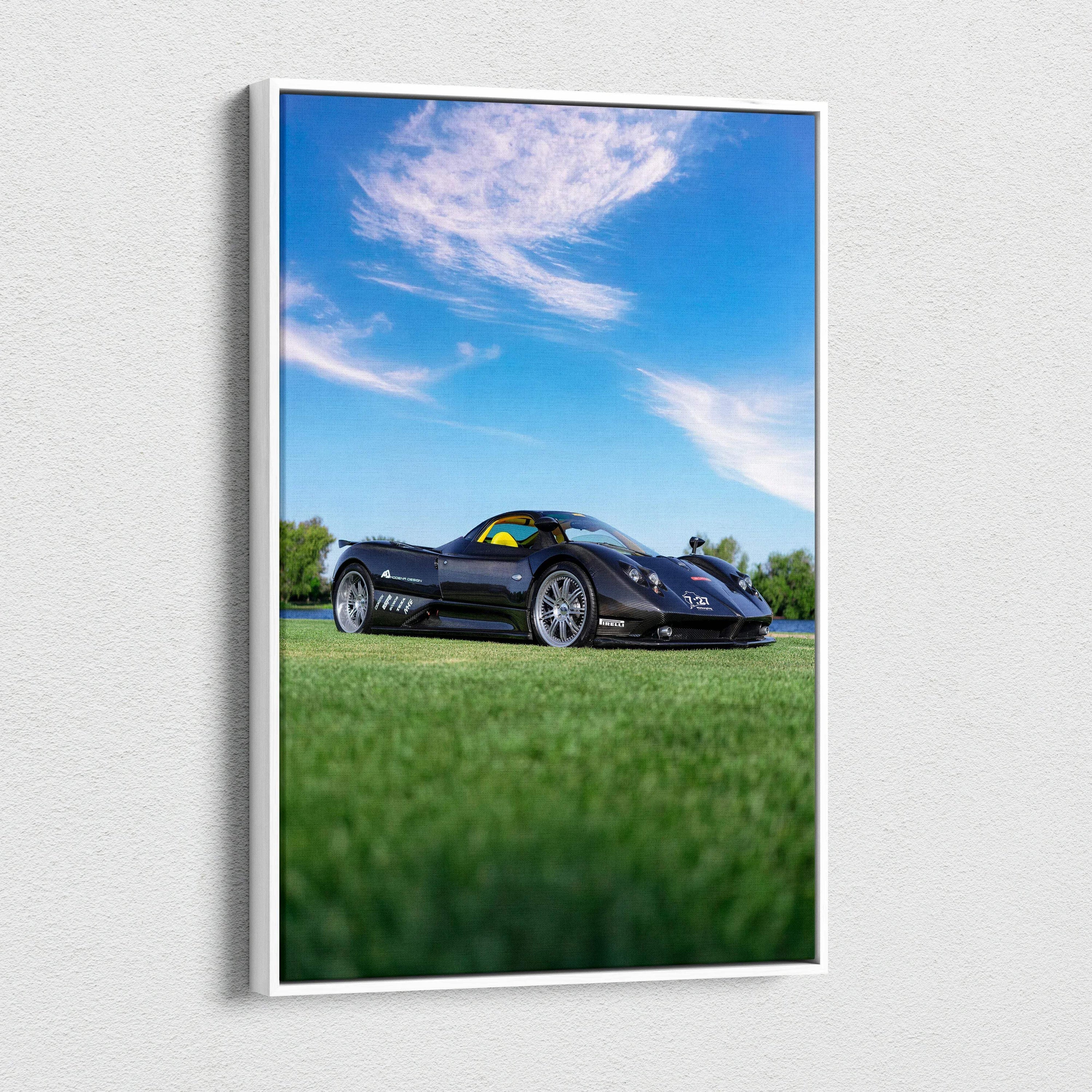 Pagani Zonda F Clubsport on grass with blue sky background vertical canvas wall art.