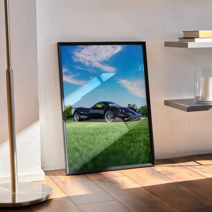 Pagani Zonda F Clubsport car poster with vivid blue sky and green grass, modern wall art in black frame.