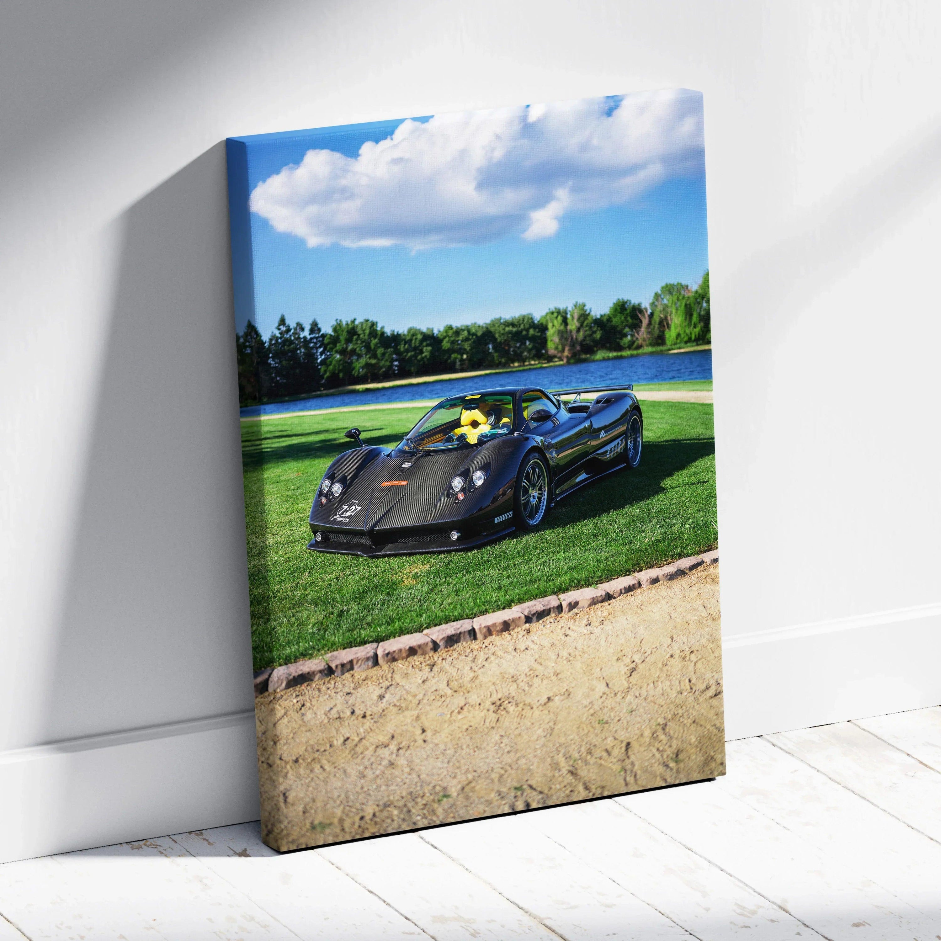 Pagani Zonda F Clubsport on racetrack with blue sky, vertical canvas wall art.