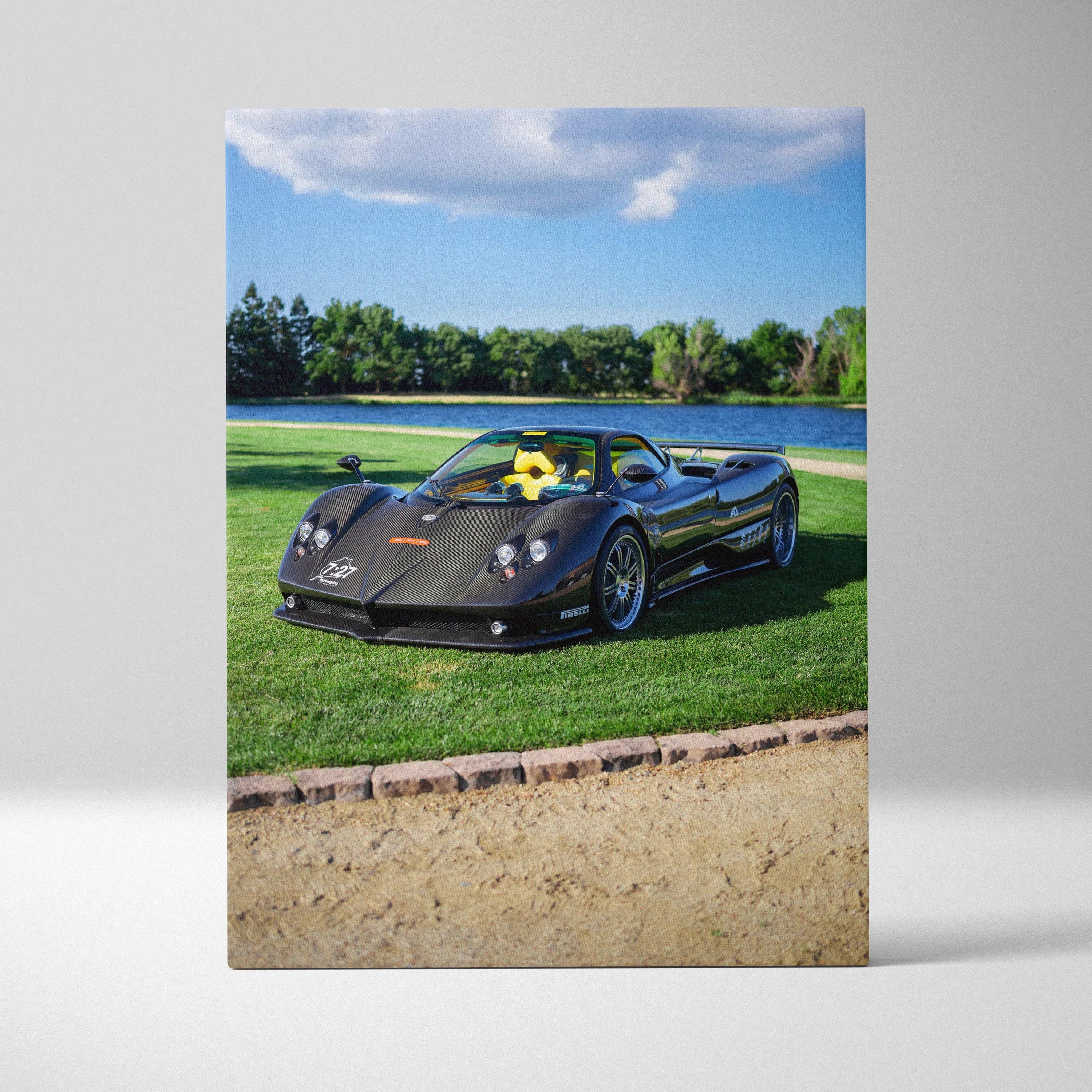 Pagani Zonda F Clubsport sports car on grass with blue sky canvas wall art, vertical canvas art print.