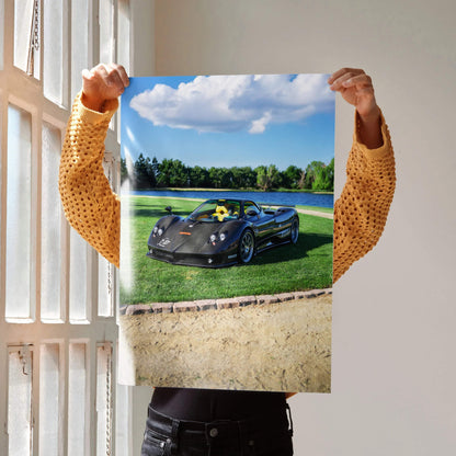 Pagani Zonda F Clubsport car poster showing sleek black sports car on green grass under blue sky wall art.
