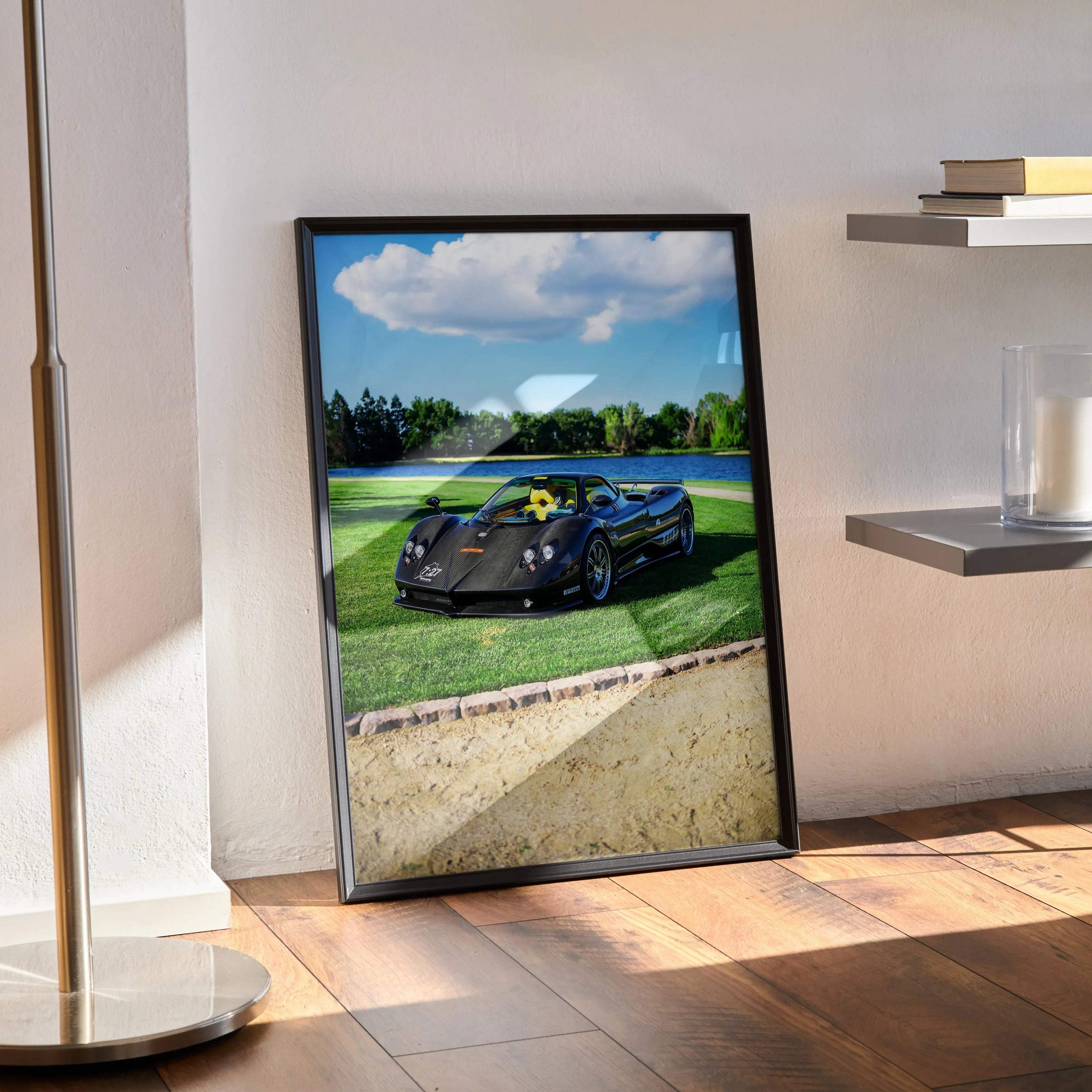 Pagani Zonda F Clubsport high-resolution poster featuring black sports car on racetrack wall art.