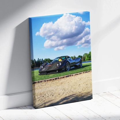 Pagani Zonda F Clubsport black sports car canvas art with blue sky and green landscape wall art.