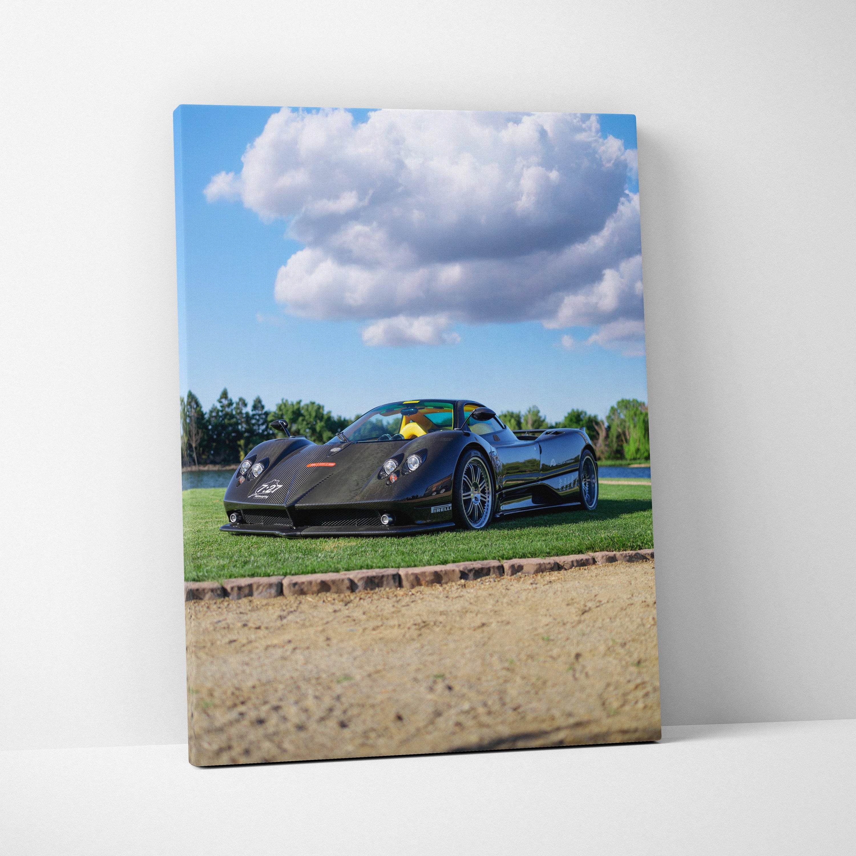 Pagani Zonda F Clubsport art on vertical high-resolution canvas wall art with vivid sky background.