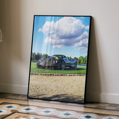 Pagani Zonda F Clubsport car poster with blue sky and green field background wall art.
