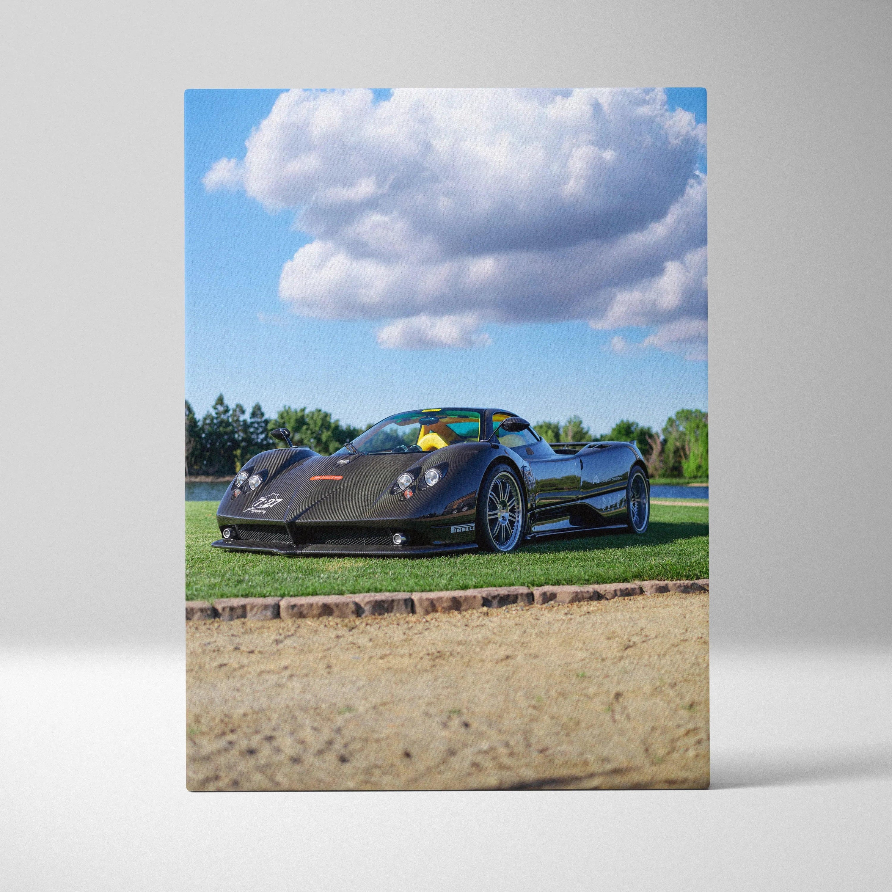 Pagani Zonda F Clubsport car on grass under blue sky canvas wall art vertical print.