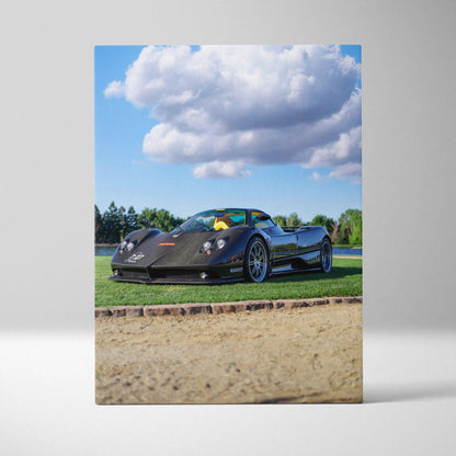 Pagani Zonda F Clubsport car on grass under blue sky canvas wall art vertical print.