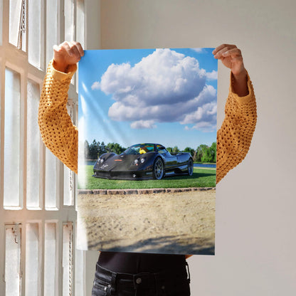 Pagani Zonda F Clubsport car poster with blue sky and green landscape wall art.