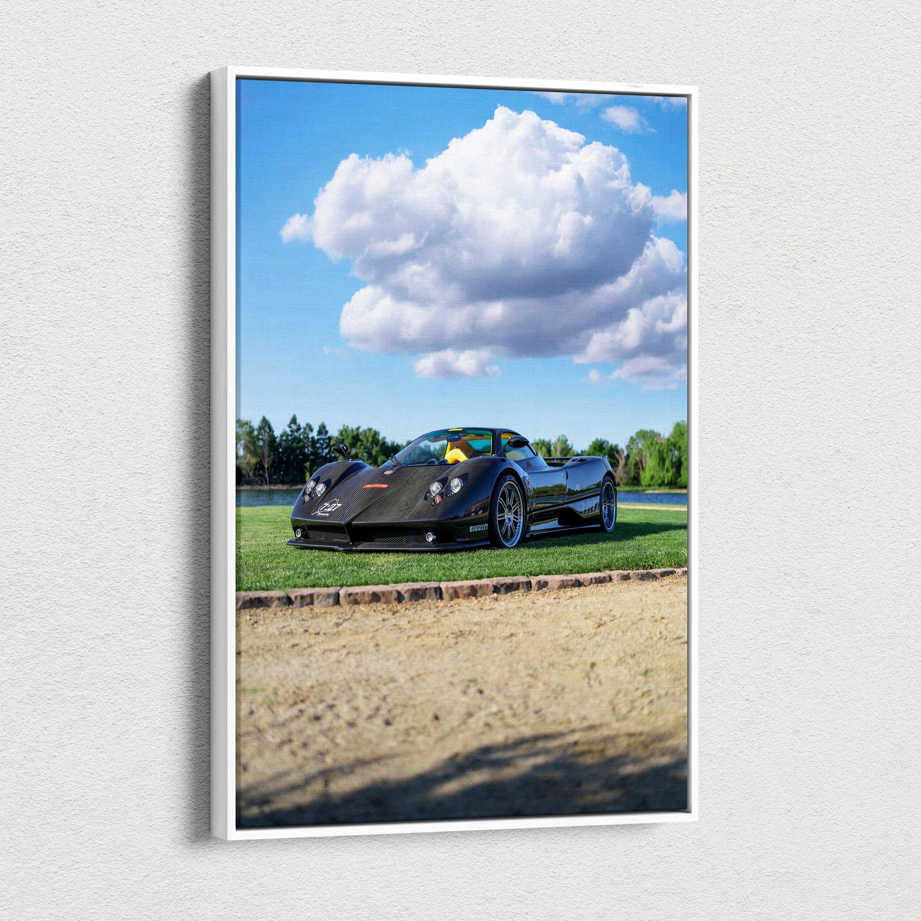 Pagani Zonda F Clubsport on racetrack with blue sky vertical canvas wall art.