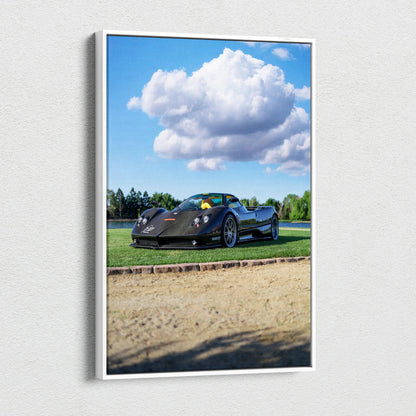 Pagani Zonda F Clubsport on racetrack with blue sky vertical canvas wall art.