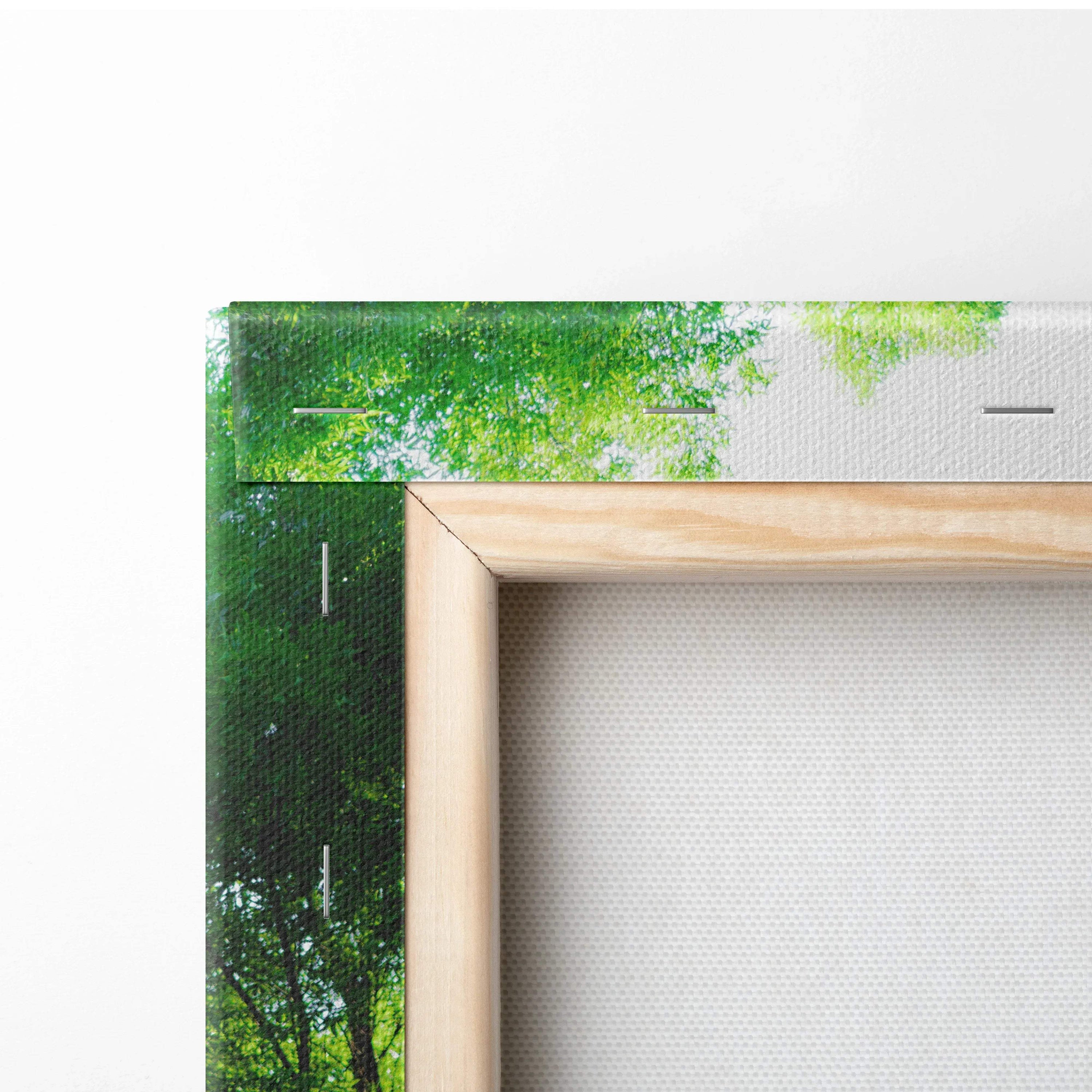 Close-up of wooden frame corner on vertical green and white Lamborghini Revuelto canvas art wall decor.