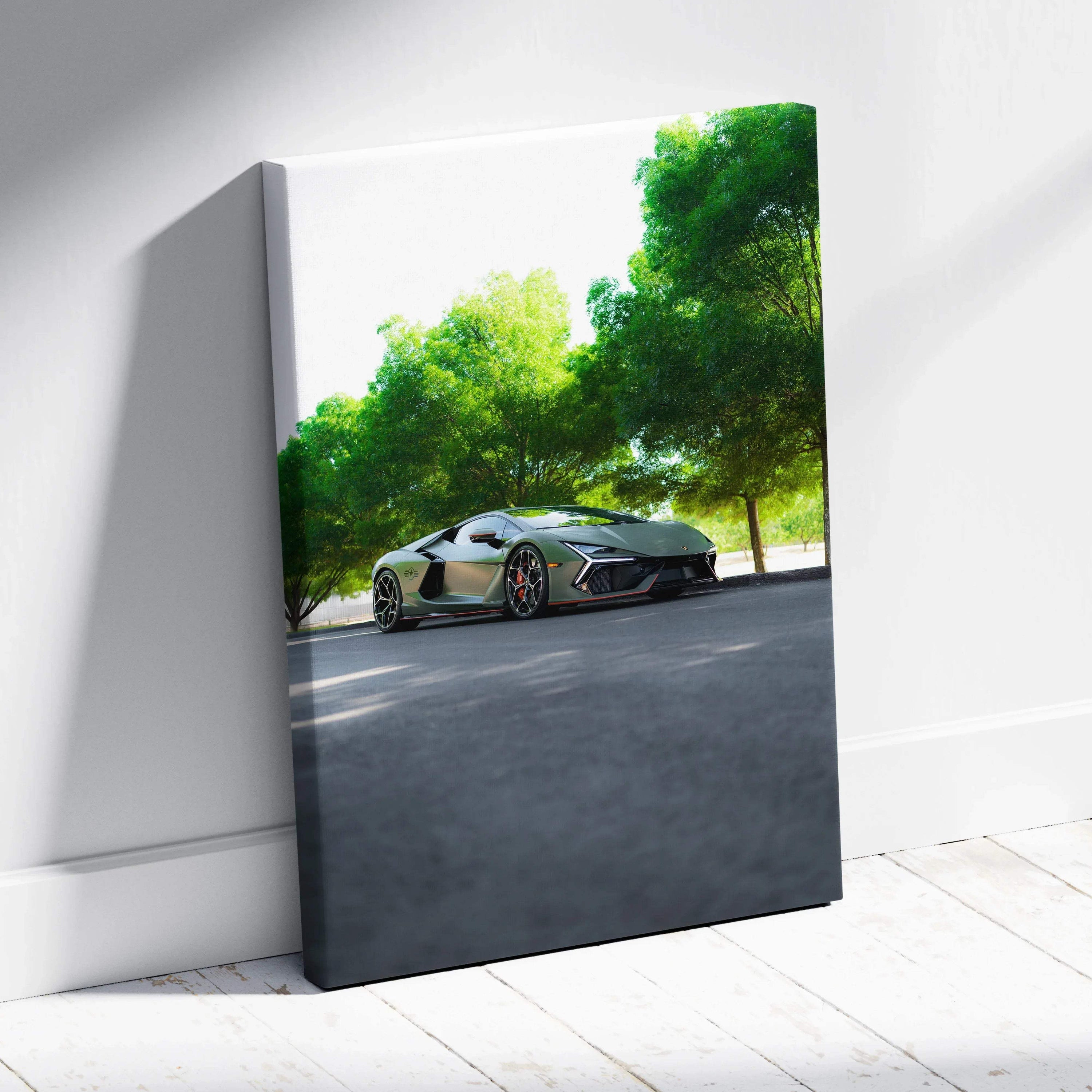 Lamborghini Revuelto sleek sports car under green trees on vertical canvas wall art.