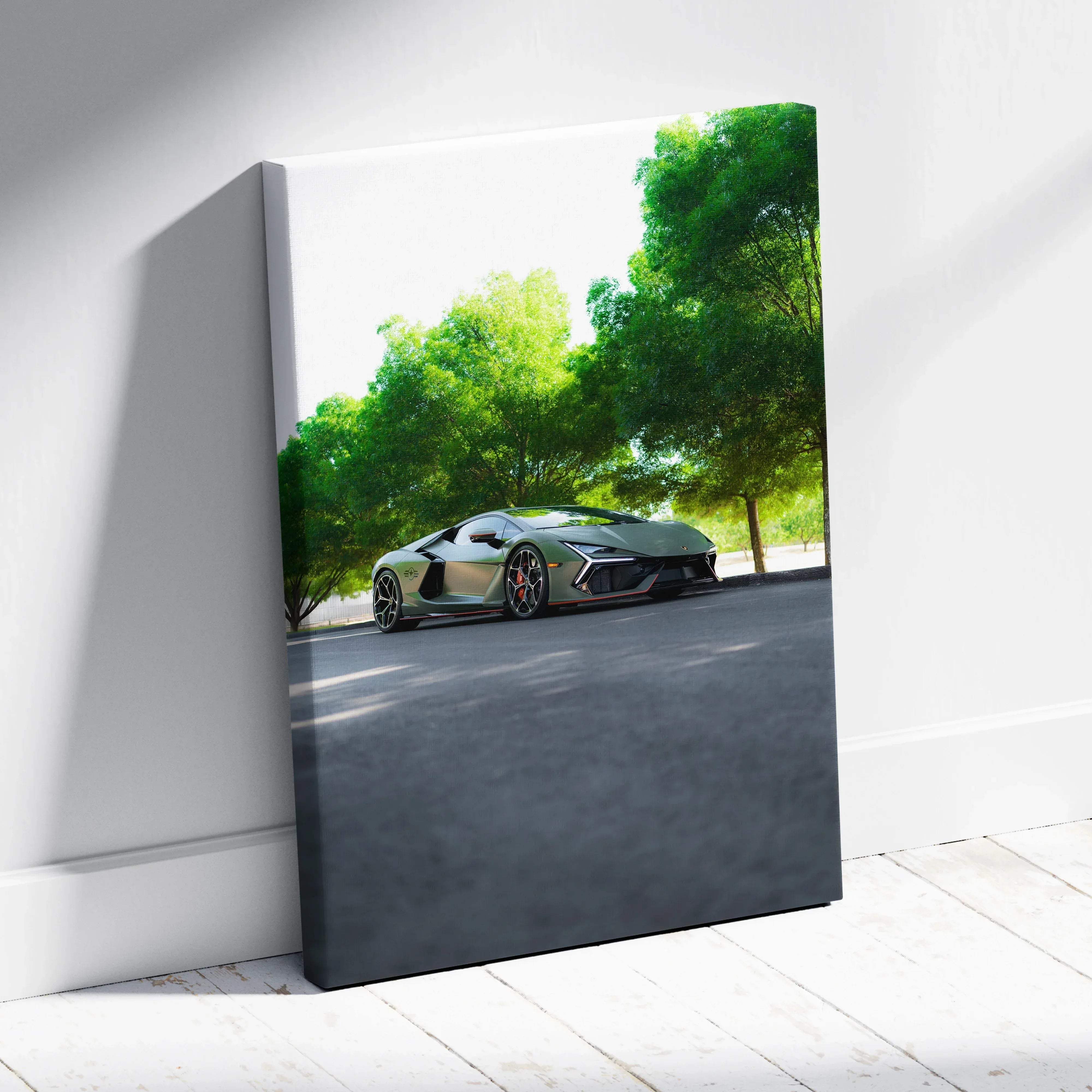 Museum quality vertical canvas print of green matte-finish lamborghini parked under leafy trees scenery