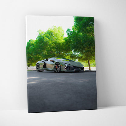 Lamborghini Revuelto sports car in silver against green trees on vertical canvas wall art.