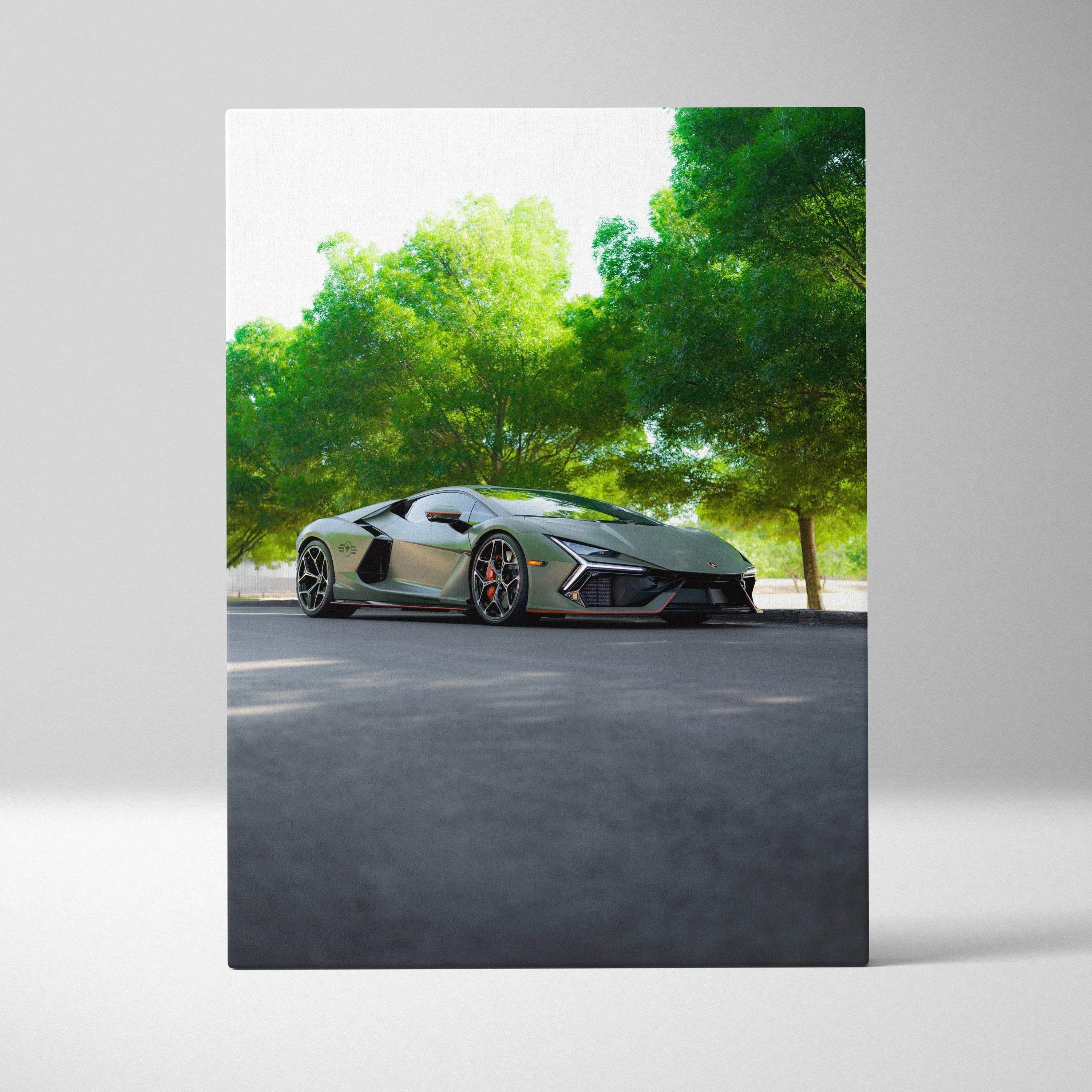 Vertical canvas art of a sleek dark Lamborghini Revuelto parked under green trees, high-resolution wall art.