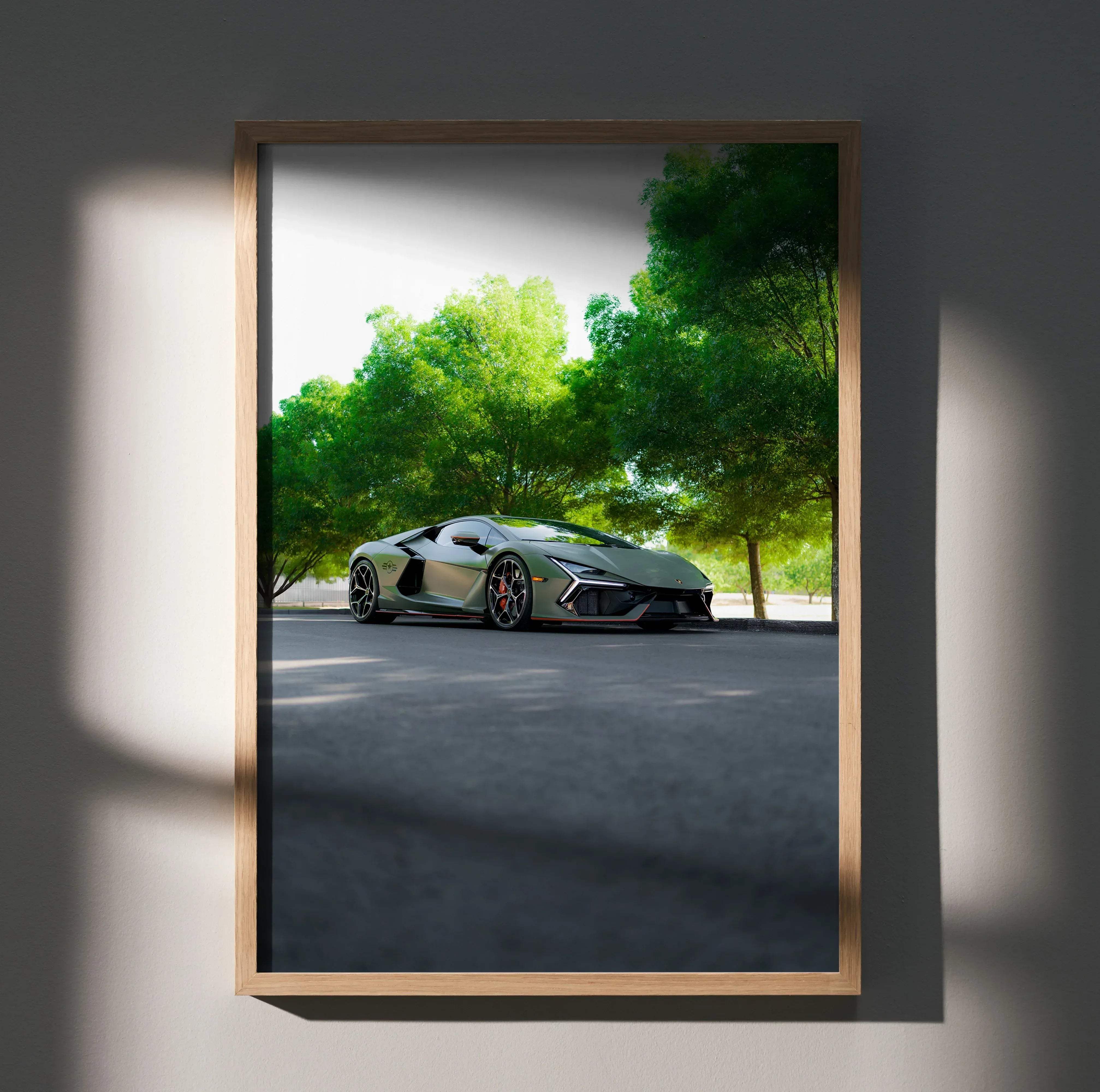 A framed high resolution poster of a matte olive green Lamborghini Revuelto sports car parked under lush trees