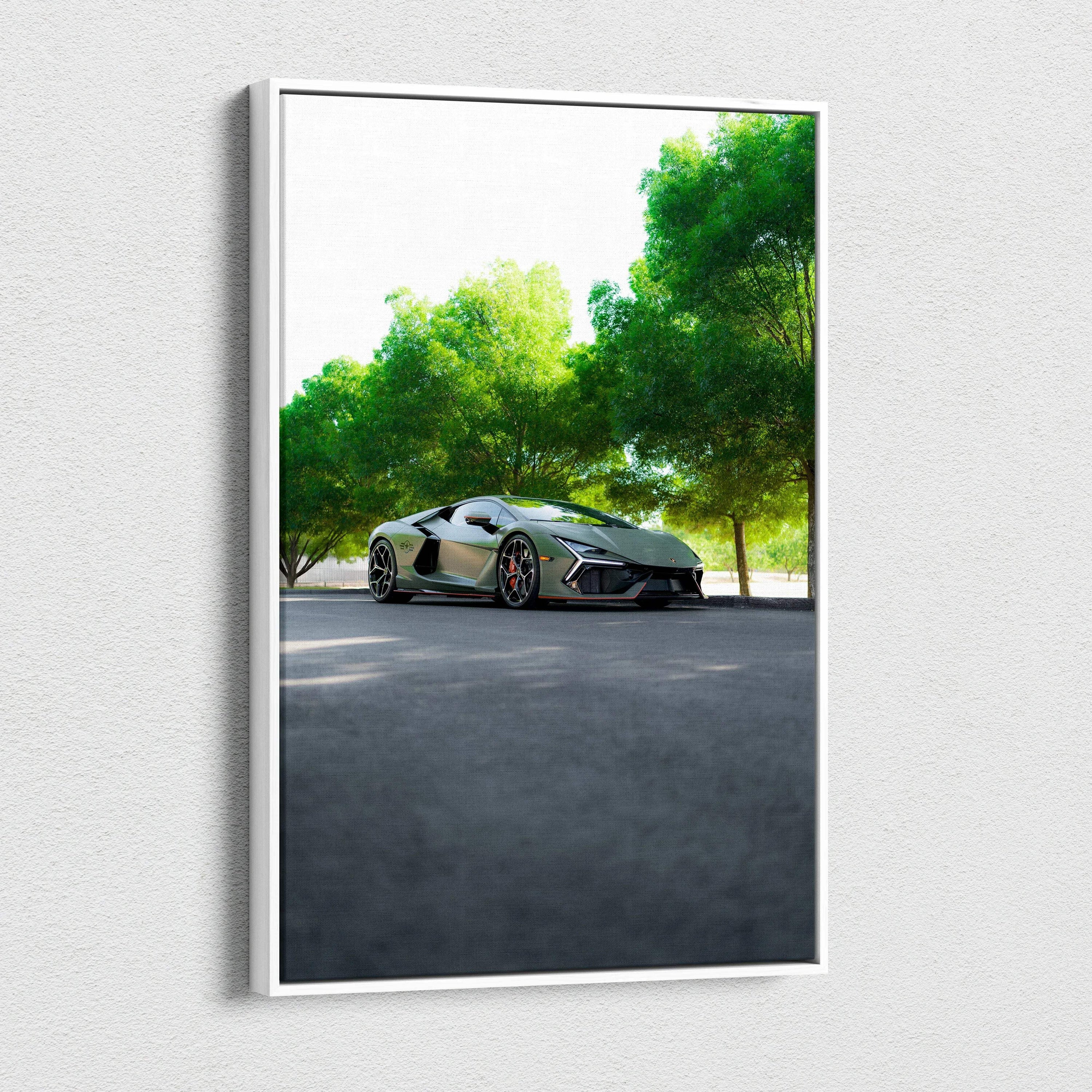 Vertical canvas art featuring a sleek black Lamborghini Revuelto parked under green leafy trees.