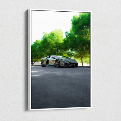 Vertical canvas art featuring a sleek black Lamborghini Revuelto parked under green leafy trees.