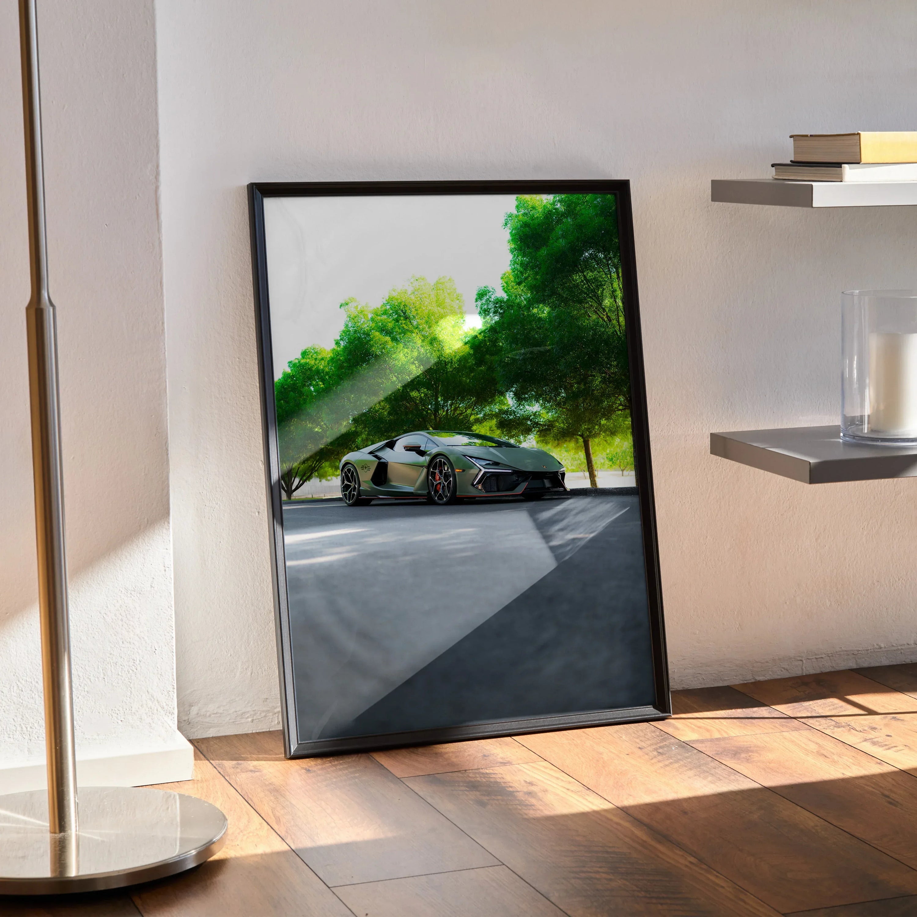 Lamborghini Revuelto poster showcasing sleek sports car under green trees, framed wall art in black frame.