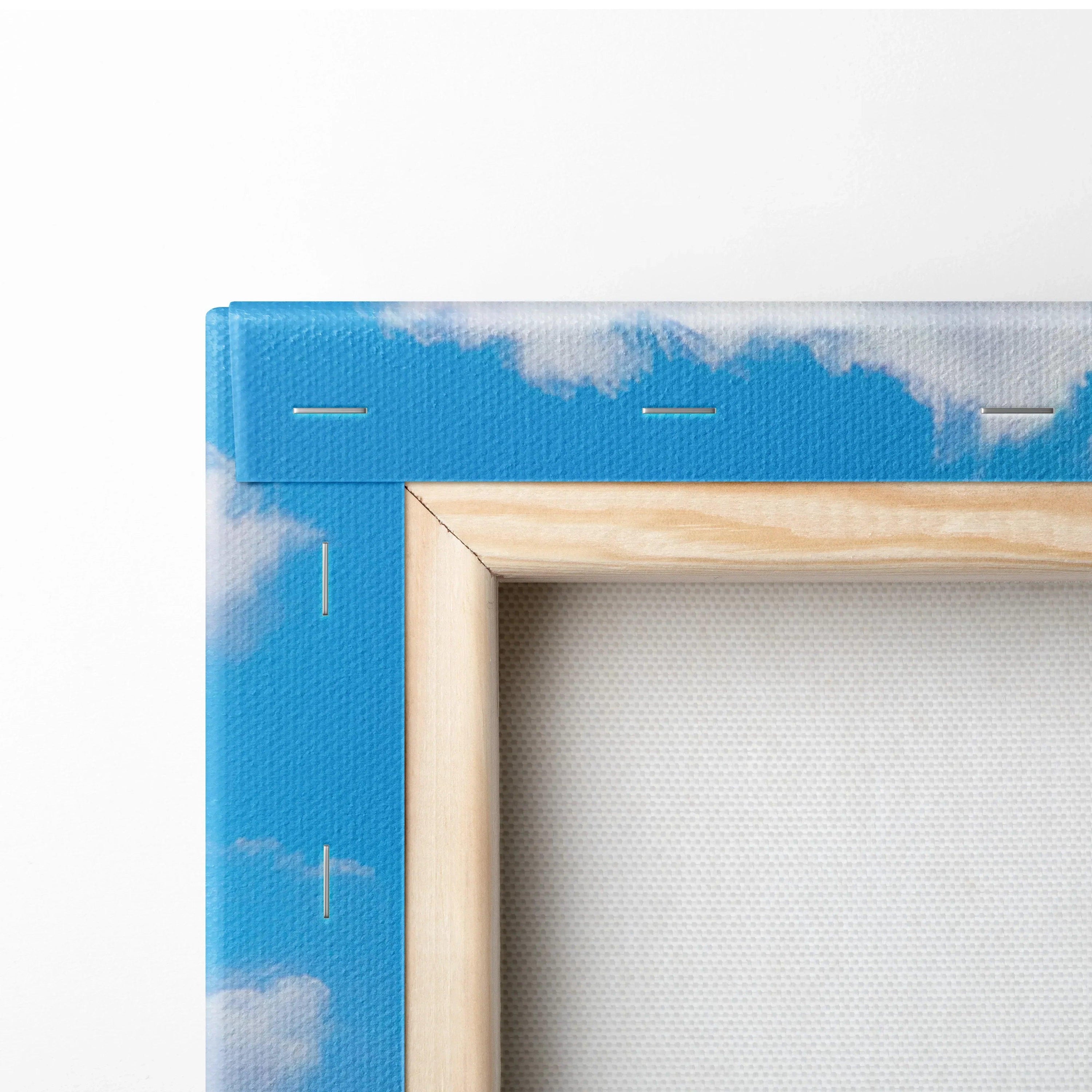 Corner close-up of Porsche 911 GT3 RS blue sky canvas with wooden frame wall art.