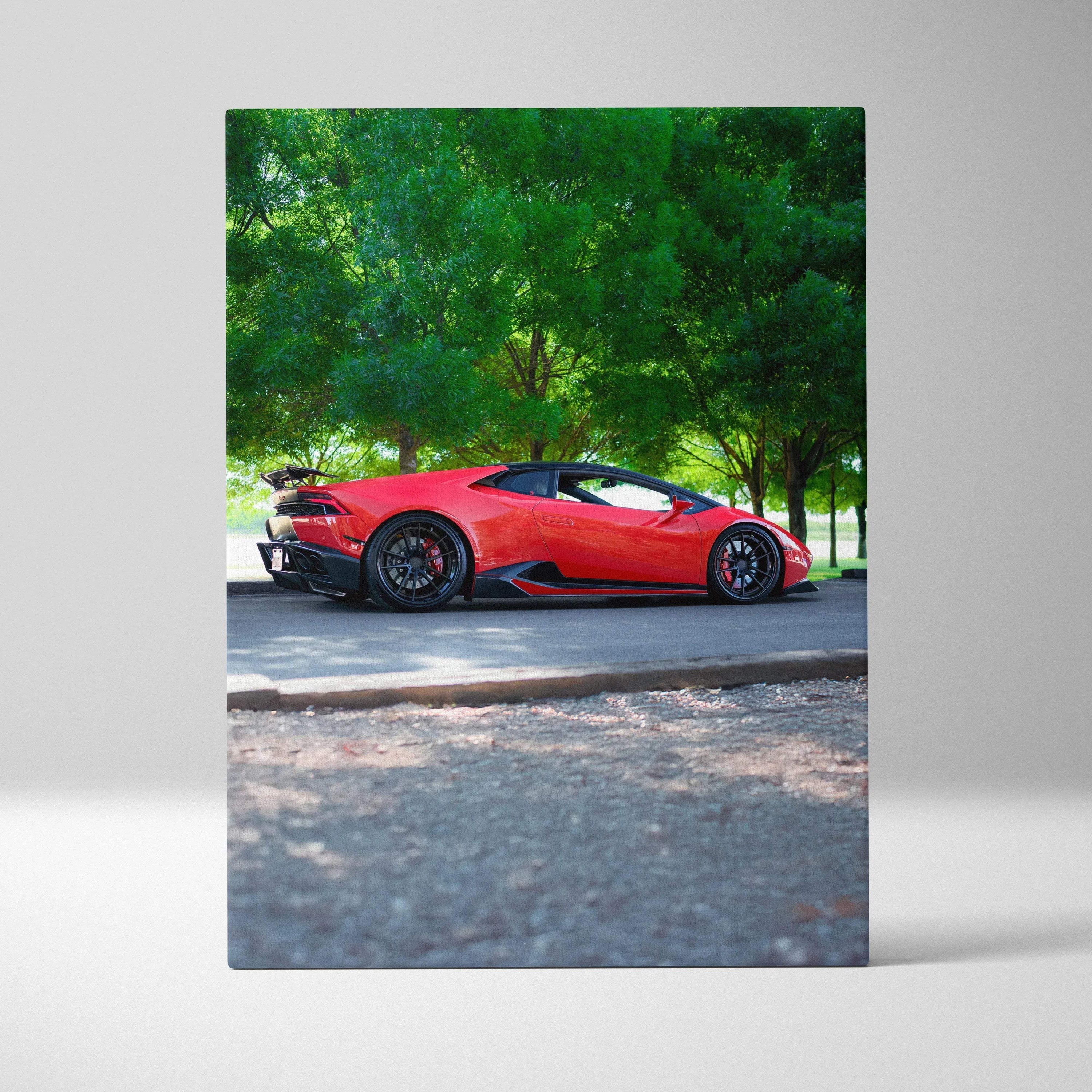 Red Lamborghini Huracan sports car on road with green trees background vertical canvas wall art.