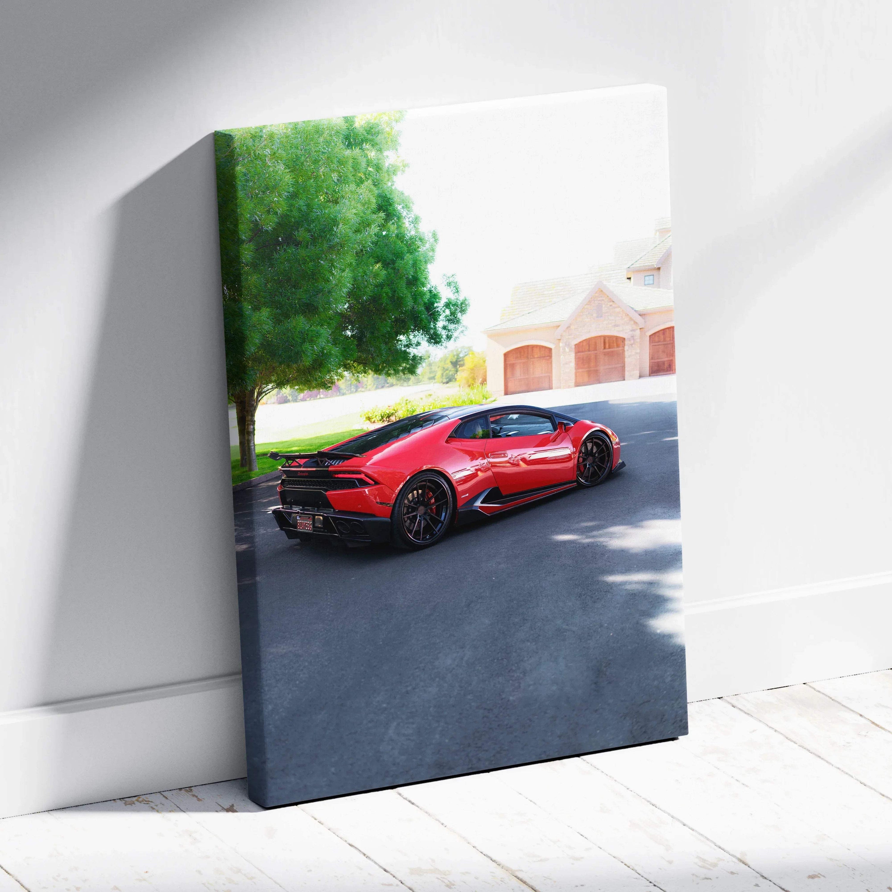 Red Lamborghini Huracan parked on driveway under tree, vertical canvas wall art.