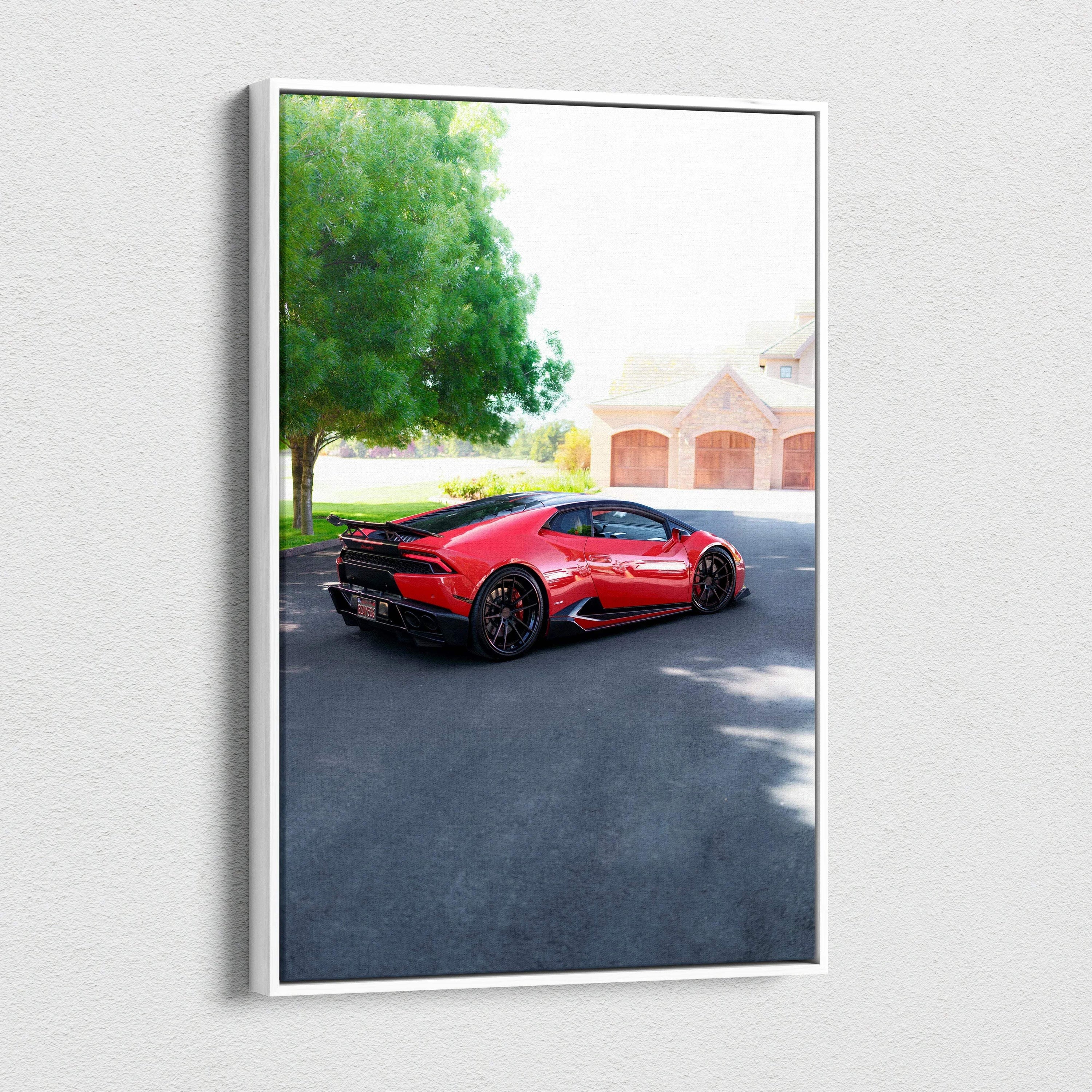 Red Lamborghini Huracan parked near green trees and buildings, vertical canvas wall art.