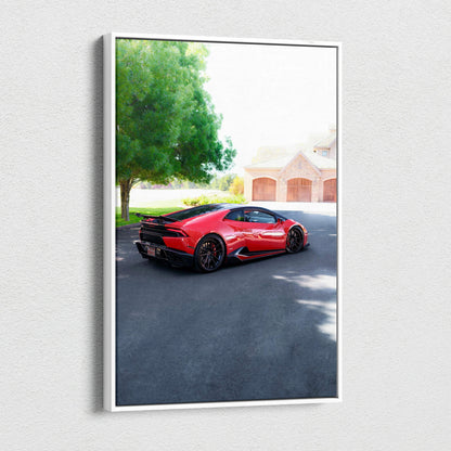 Red Lamborghini Huracan parked near green trees and buildings, vertical canvas wall art.