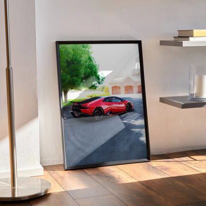 Lamborghini Huracan red sports car poster framed as stylish wall art leaning against neutral wall on wooden floor.