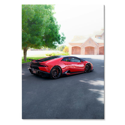 Red Lamborghini Huracan parked by tree with house in background, car poster wall art.