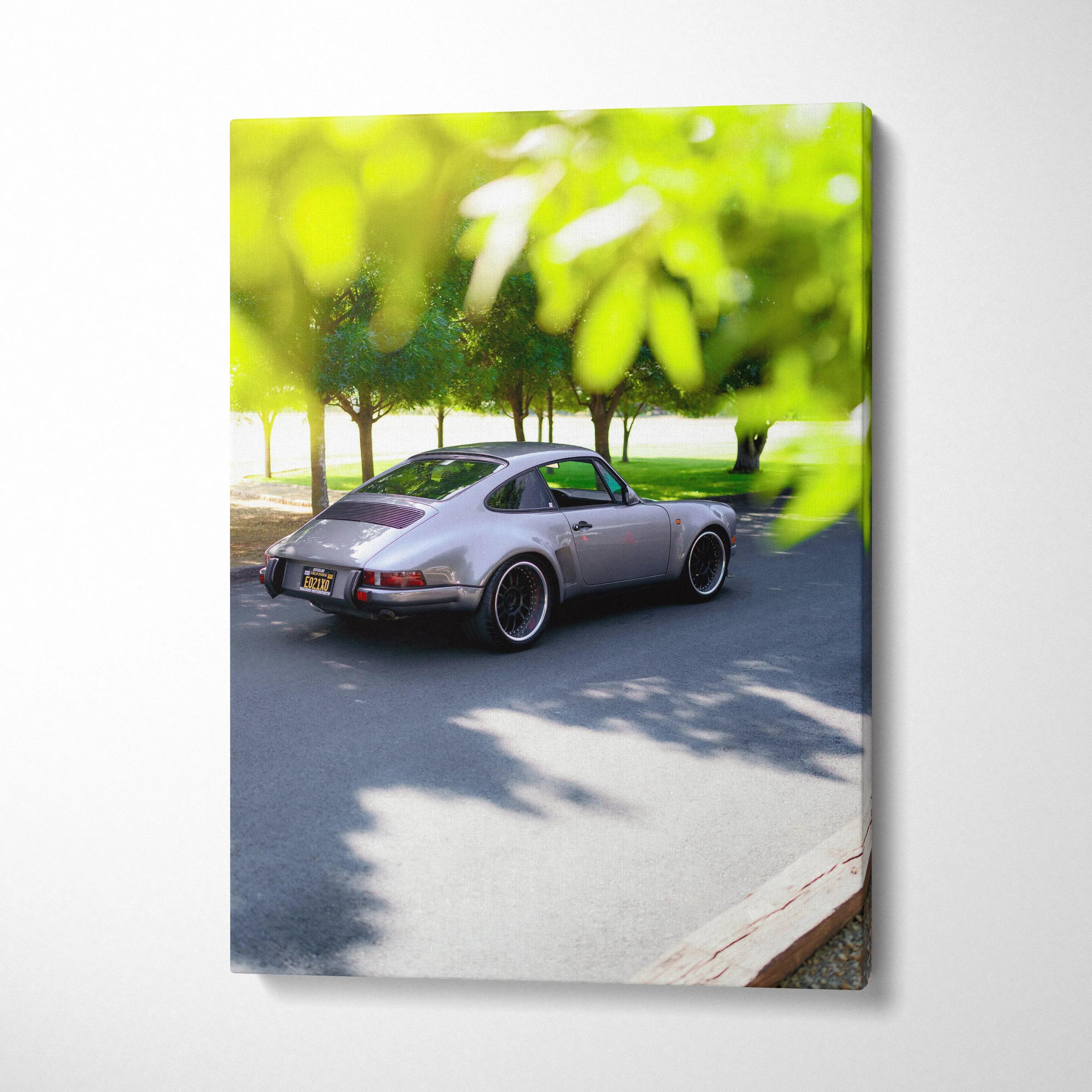 Porsche 911 classic car in green park setting on vertical canvas wall art.
