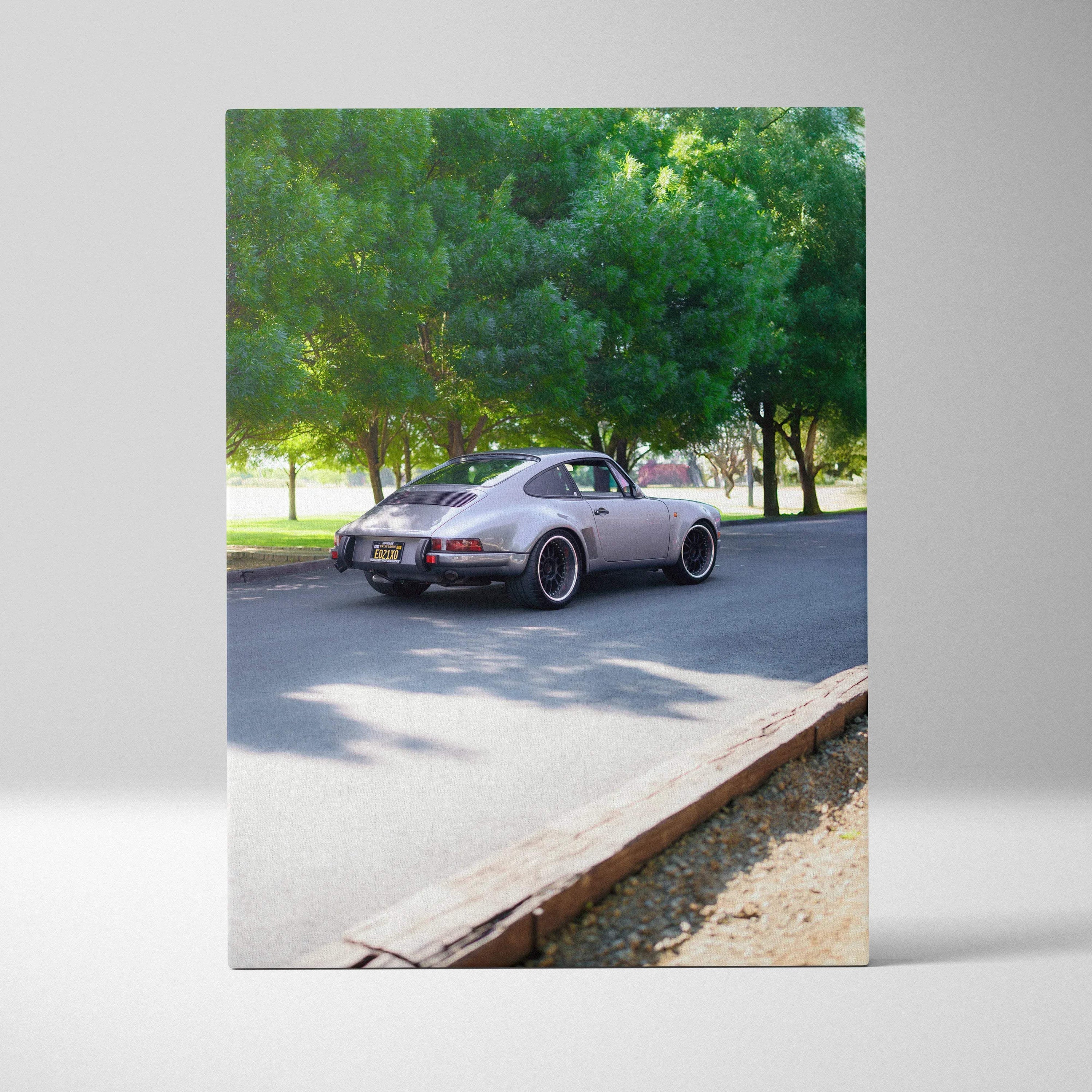 Porsche 911 classic on road with trees background vertical canvas wall art print.