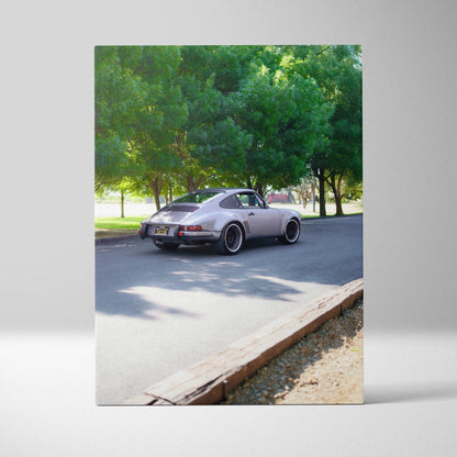 Porsche 911 classic on road with trees background vertical canvas wall art print.