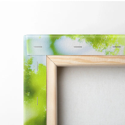 Close-up of wood frame and canvas edge with green and blue abstract paint, vertical wall art canvas print.