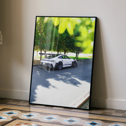 Porsche 911 GT3 RS white sports car poster leaning against wall wall art.