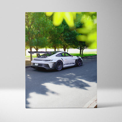 Porsche 911 GT3 RS parked by trees, detailed vertical canvas wall art with vibrant colors.
