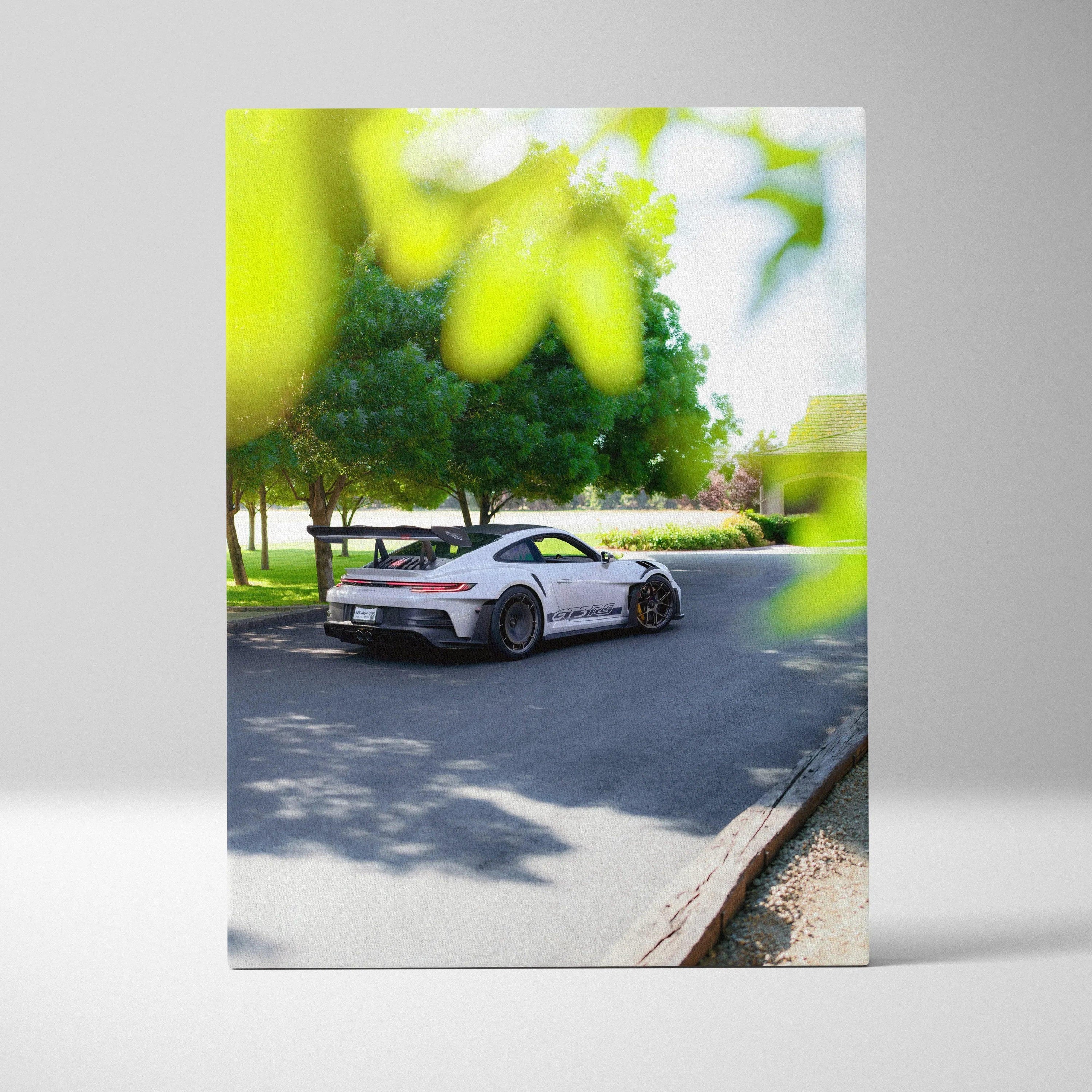 Vertical canvas wall art of white Porsche 911 GT3 RS on sunlit road with green trees background.