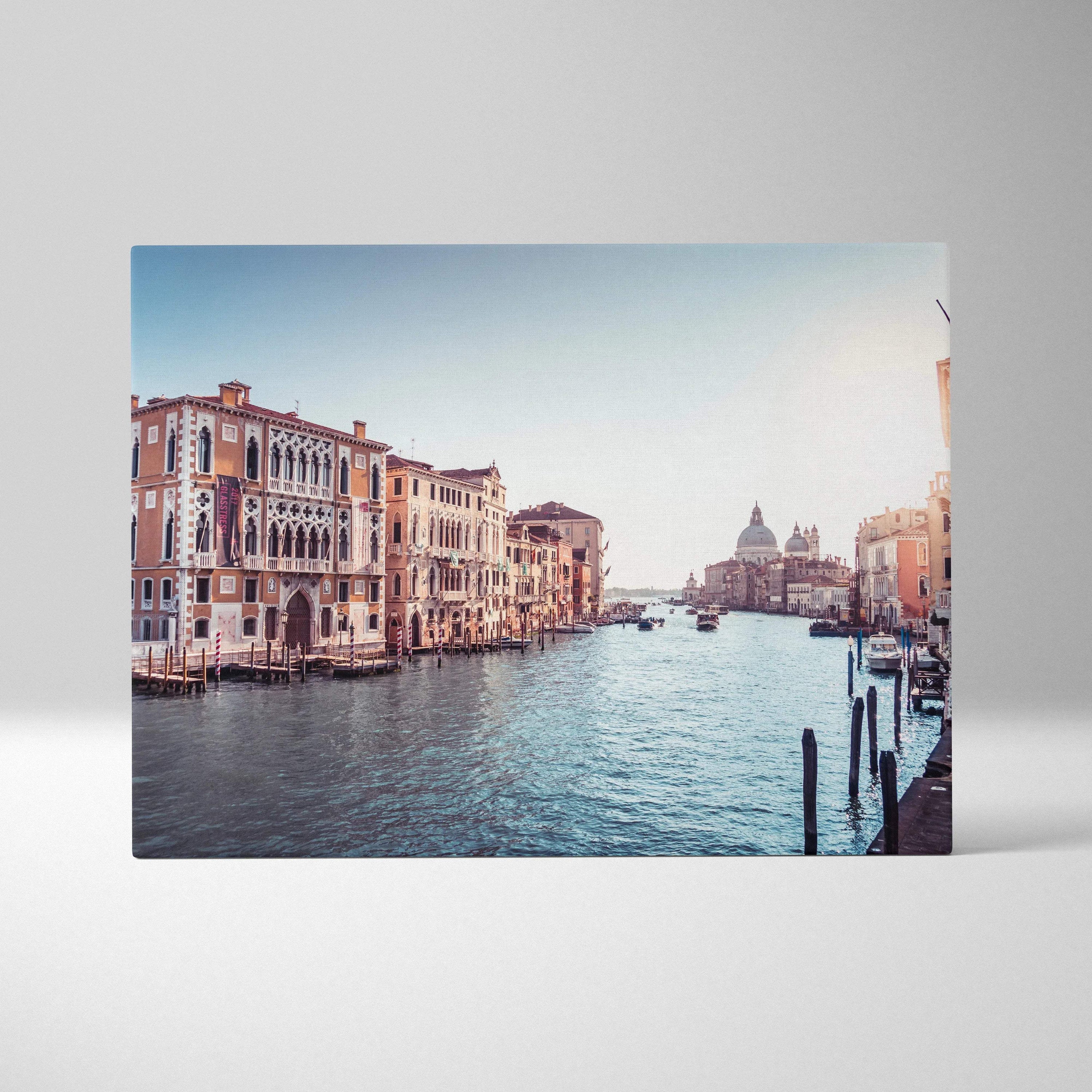 Canvas wall art depicting detailed digital painting of historic Venetian buildings along a canal under a clear sky.