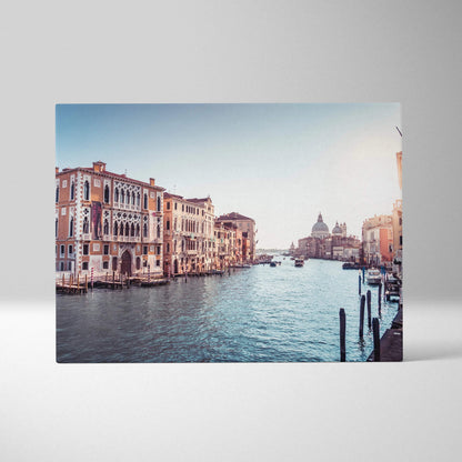 Canvas wall art depicting detailed digital painting of historic Venetian buildings along a canal under a clear sky.