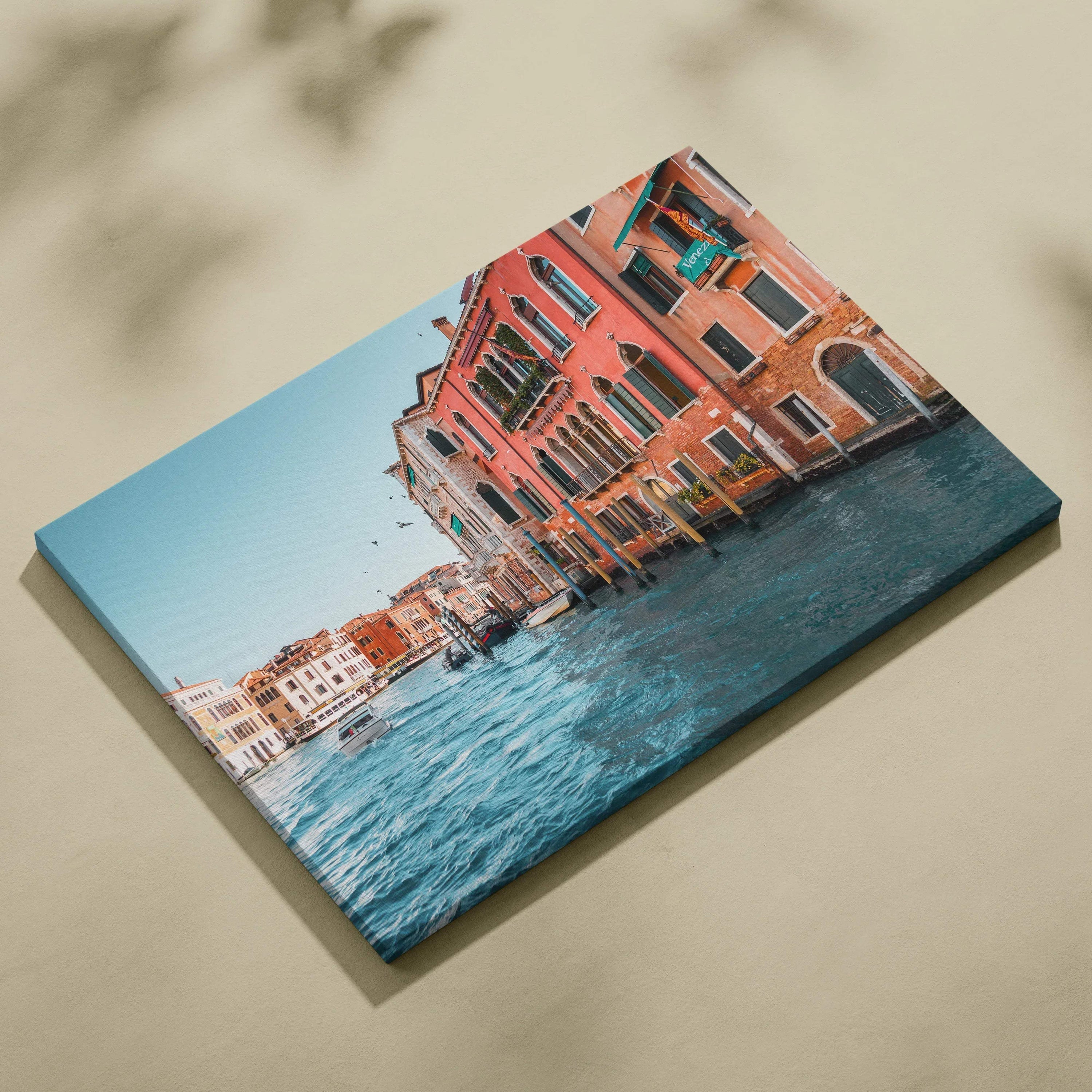 Colorful Venice canal buildings reflected in water on rectangular canvas wall art print with vibrant blue sky background.