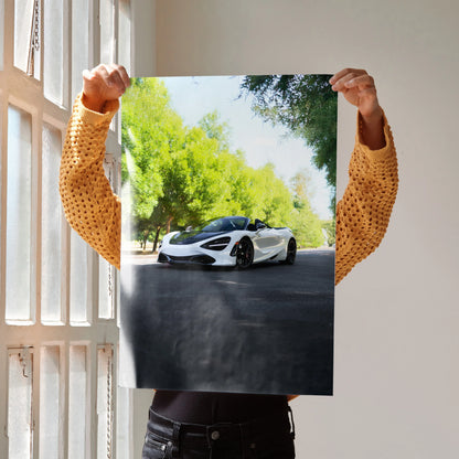 McLaren 720S poster with high-resolution white sports car on road, vibrant outdoor wall art.